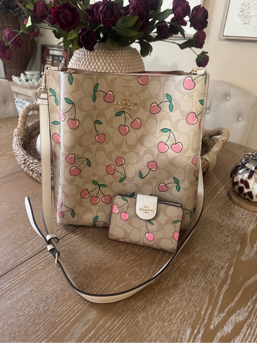 Coach Beige Cherry Print Crossbody with Matching Wallet